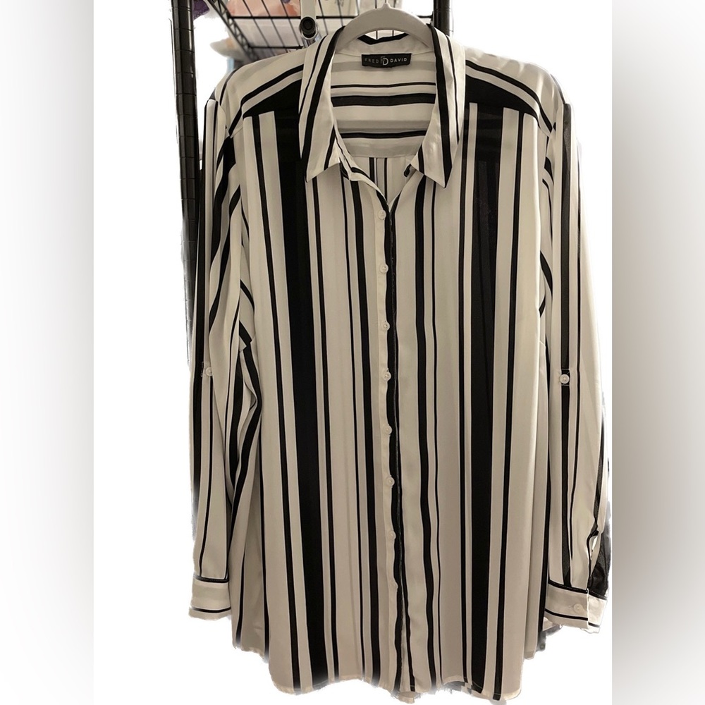 NWOT. Black & White Striped Button Up Blouse